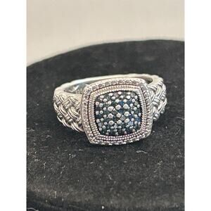 Sterling Silver Blue Diamond Cluster Ring Size 7 Designer "JS"